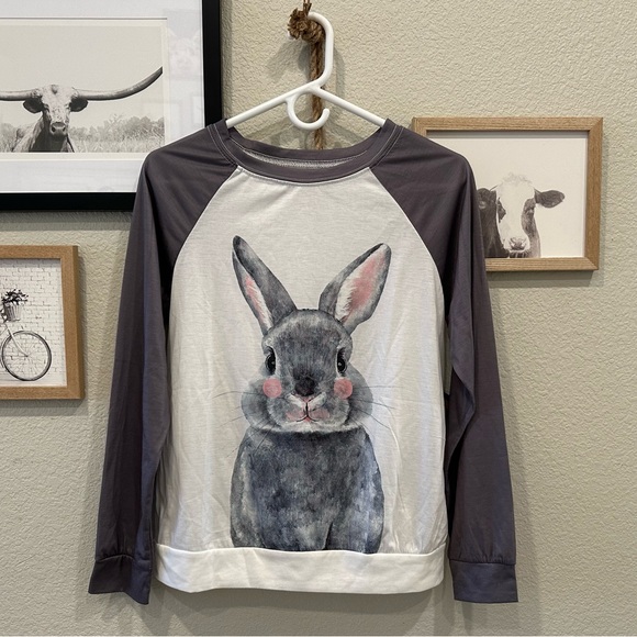 New! Women’s Bunny Rabbit Print Long Sleeve T-Shirt Casual Tee Size Small - Picture 3 of 13